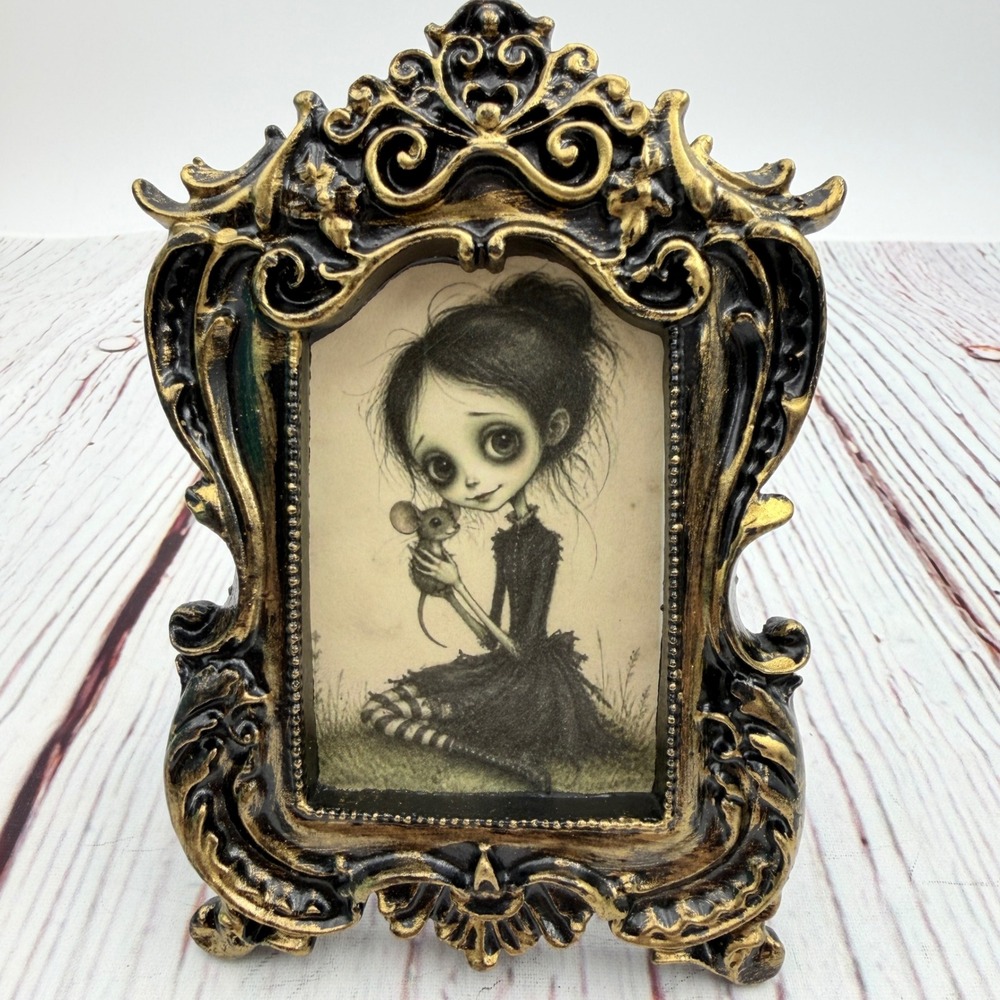 Gothic Big Eyed Girl with Mouse Decoupage Art Ornate Gold Resin Frame